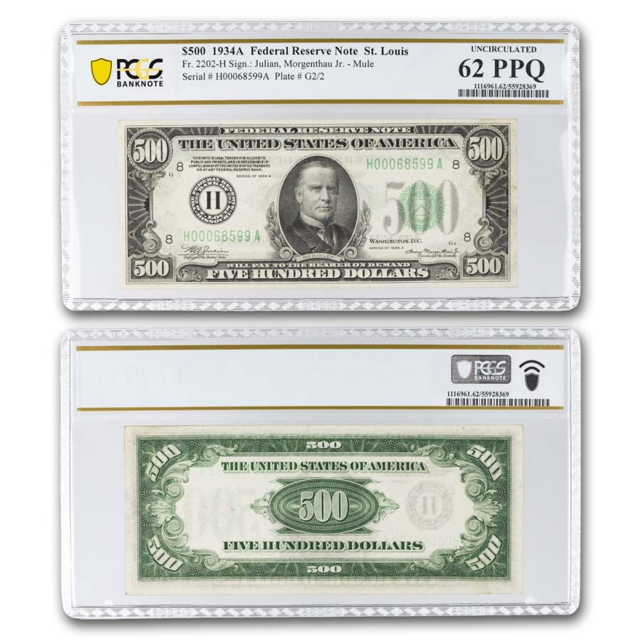 1934-A (H-St. Louis) $500 FRN UNC 62 PPQ PCGS (Fr#2202-H) Mule
