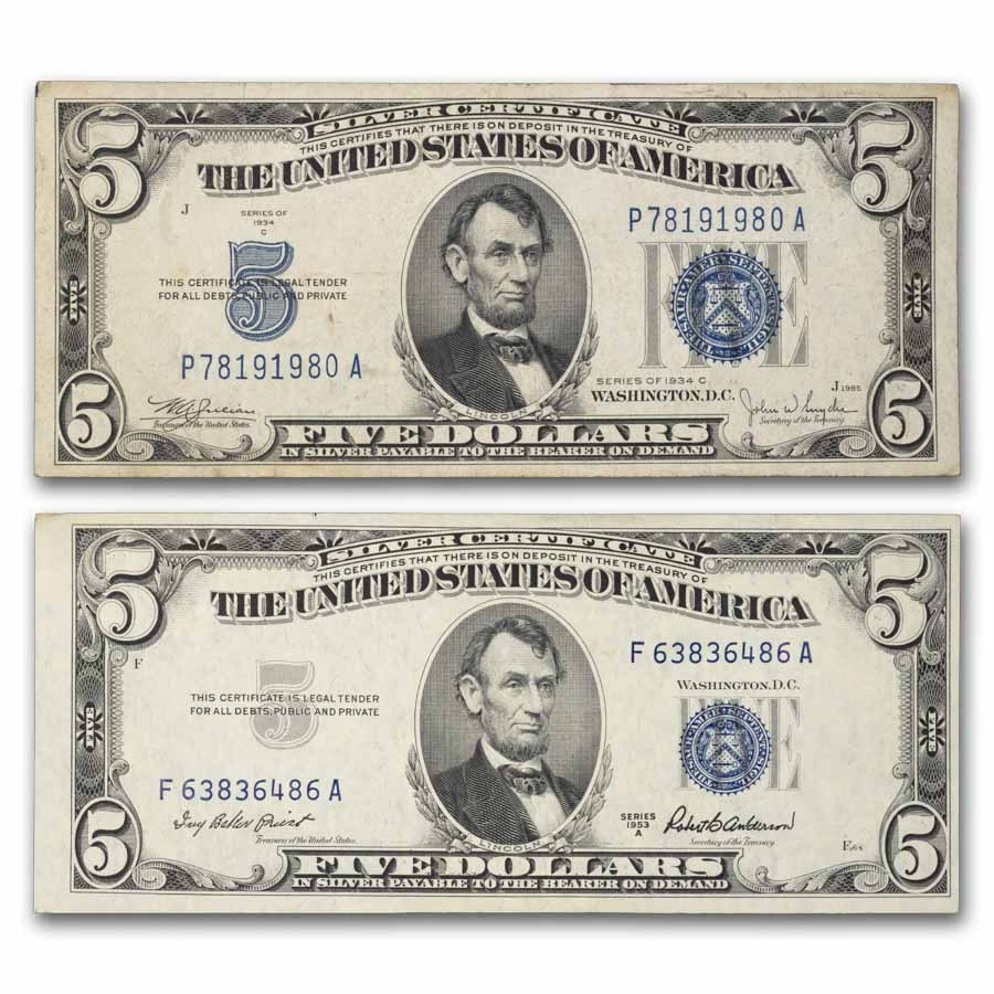 1934 and 1953 $5 Silver Certificate VG-VF 2 note set