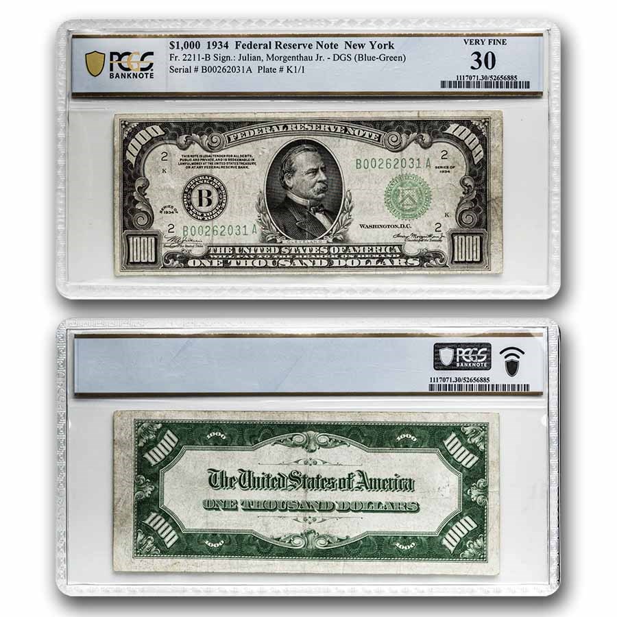 1934 (B-New York) $1,000 FRN VF-30 PCGS (Fr#2211-B)