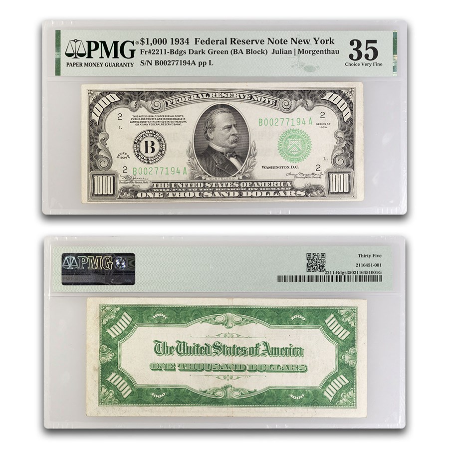 1934 (B-New York) $1,000 FRN VF-35 PMG (Fr#2211-B)