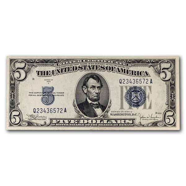 1934-C $5.00 Silver Certificate AU (Fr#1653)