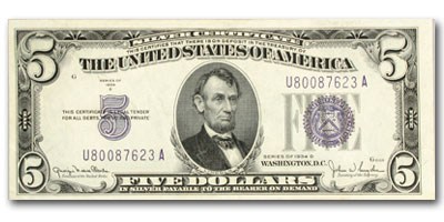 1934-D $5.00 Silver Certificate AU (Fr#1654) Wide I