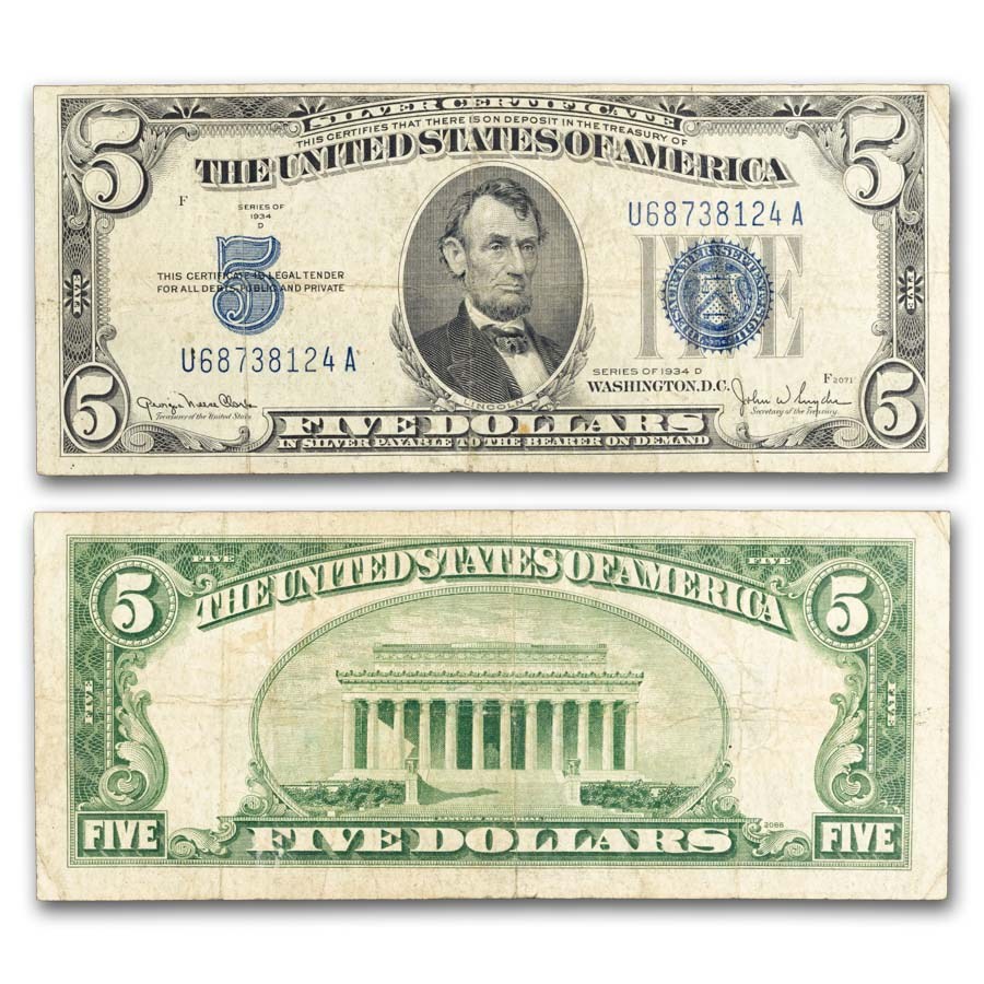 1934-D $5.00 Silver Certificate Avg Circ VG-VF (Fr#1654)