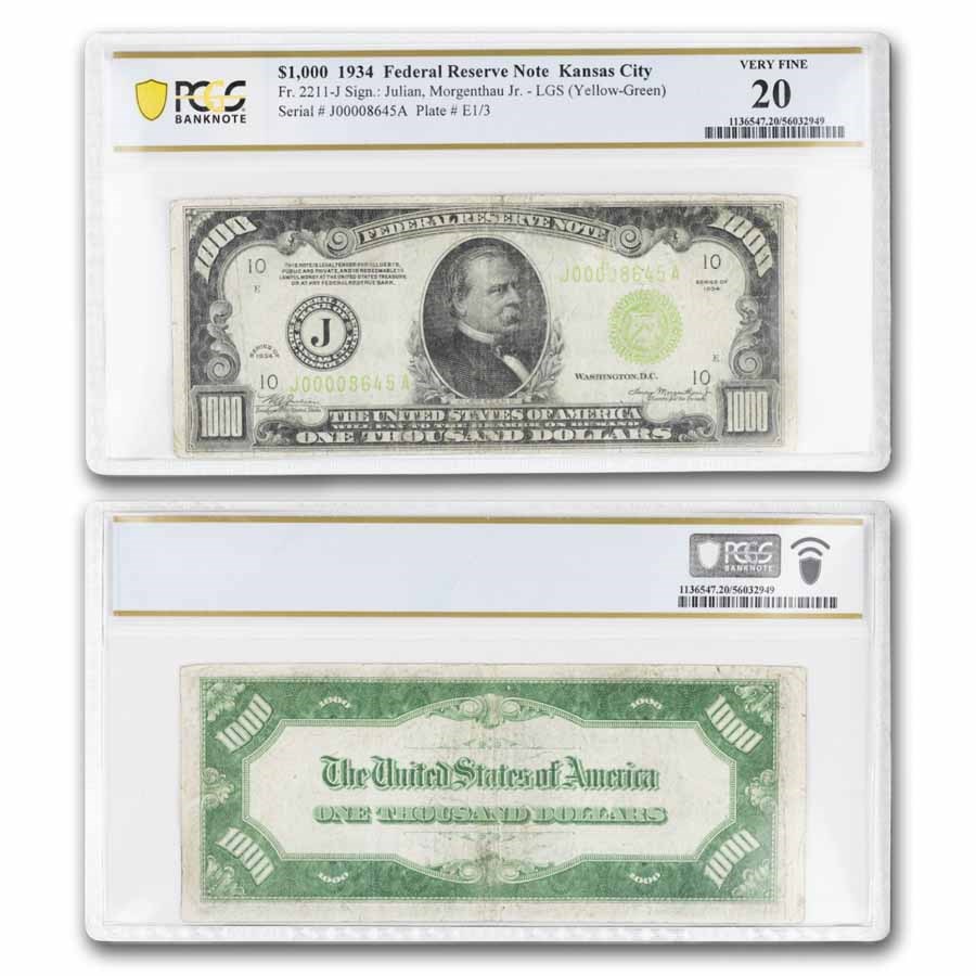1934 (J-Kansas City) $1,000 FRN VF-20 PCGS (Fr#2211-J) LGS