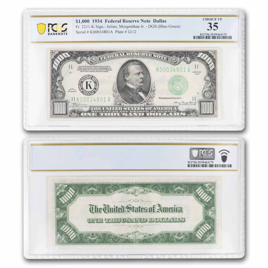 1934 (K-Dallas) $1,000 FRN CH VF-35 PCGS (Fr#2211-K)