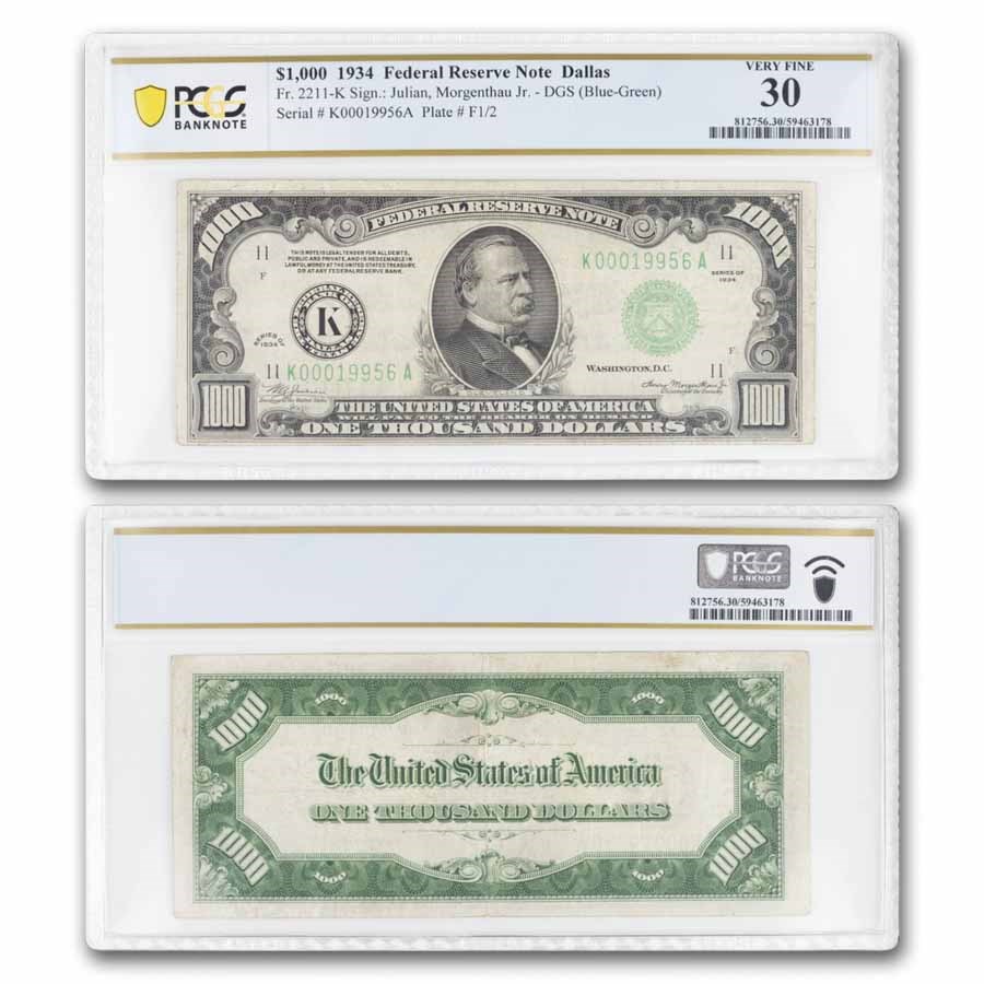 1934 (K-Dallas) $1,000 FRN VF-30 PCGS (Fr#2211-K)