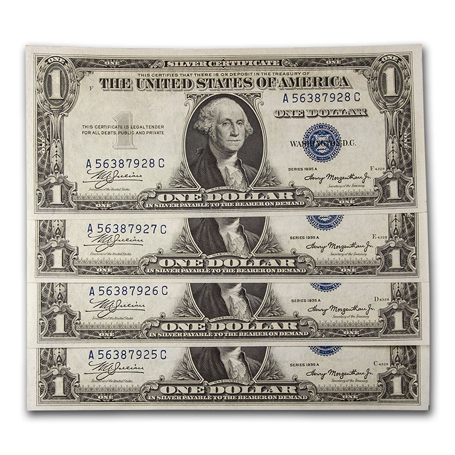 1935-A $1.00 Silver Certificate CU (Fr#1608) 4 Consecutive