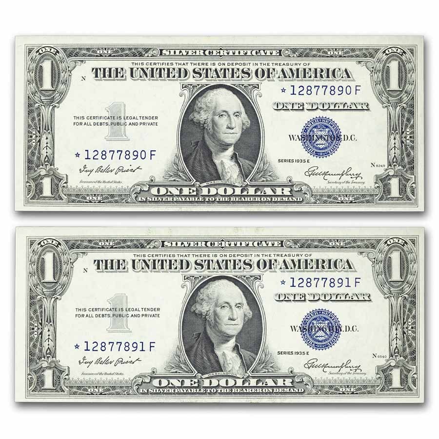1935-E* $1 Silver Cert CU (Fr#1614*) Star Note, 2 Consec