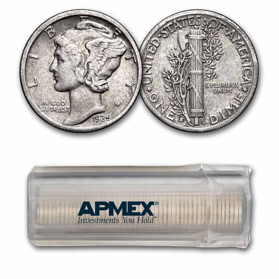 1935-S Mercury Dime 50-Coin Roll Avg Circ