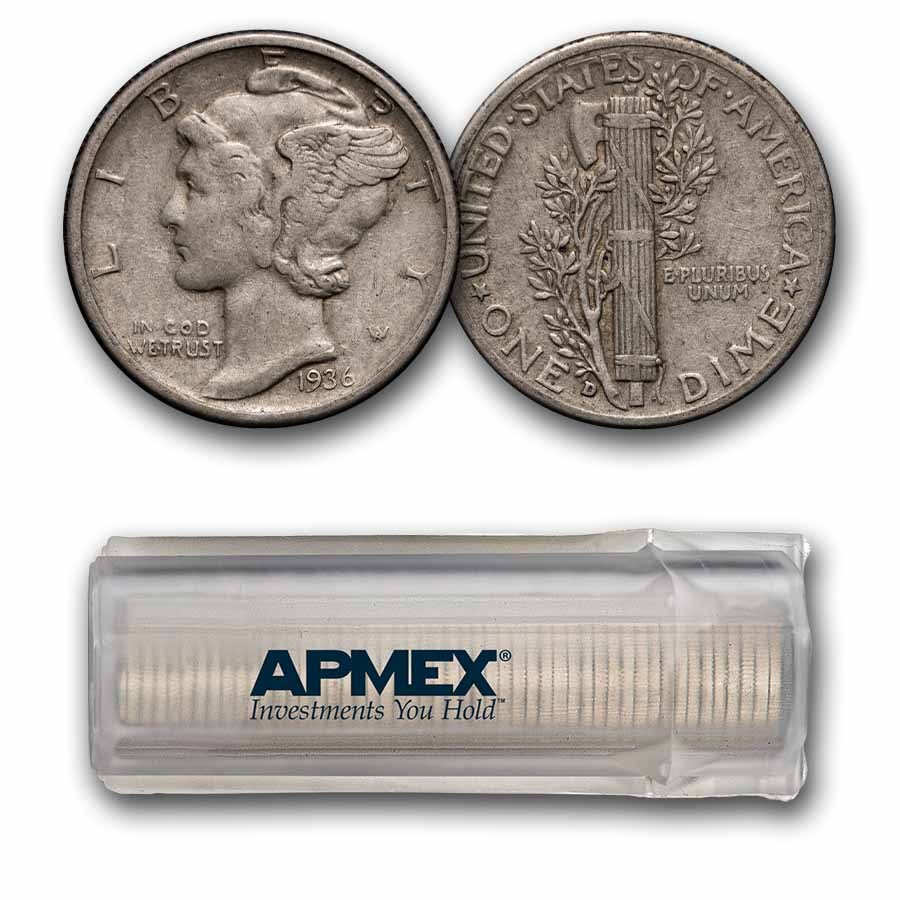 1936-D Mercury Dime 50-Coin Roll Avg Circ