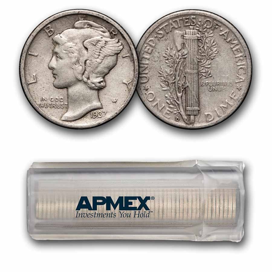 1937-D Mercury Dime 50-Coin Roll Avg Circ