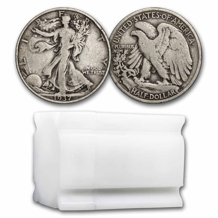 1937-D Walking Liberty Halves 20-Coin Roll Avg Circ