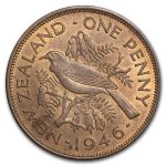 1940-1947 New Zealand Bronze 1 Penny Tui Bird George VI BU R/B