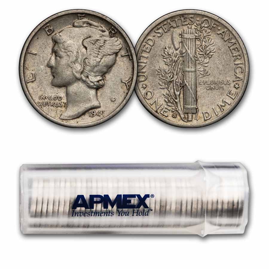 1941-S Mercury Dime 50-Coin Roll Avg Circ