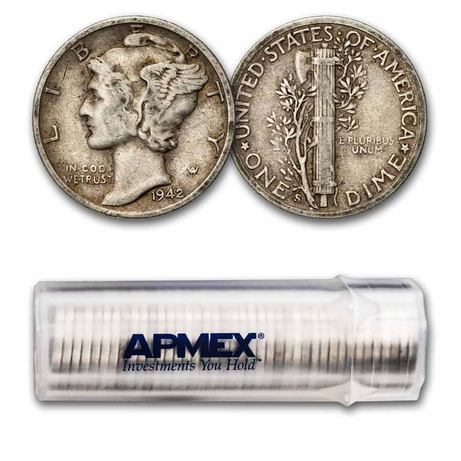 1942-S Mercury Dime 50-Coin Roll Avg Circ