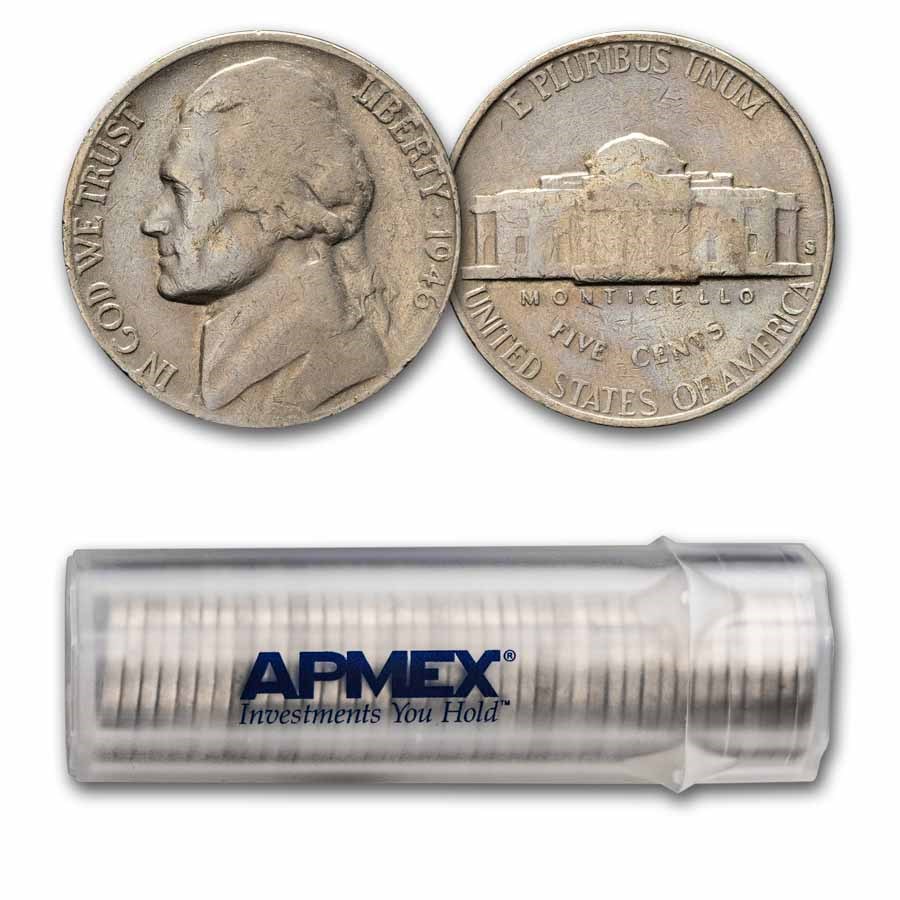 1946-S Jefferson Nickel 40-Coin Roll Avg Circ