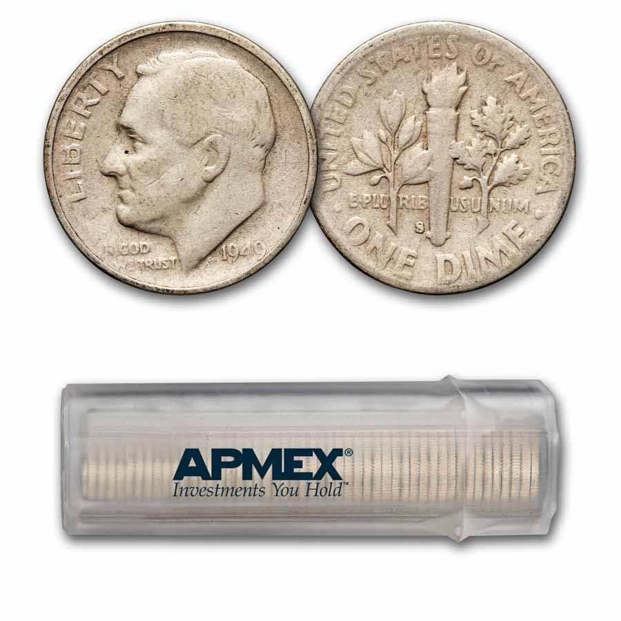 1949-S Roosevelt Dime 50-Coin Roll Avg Circ