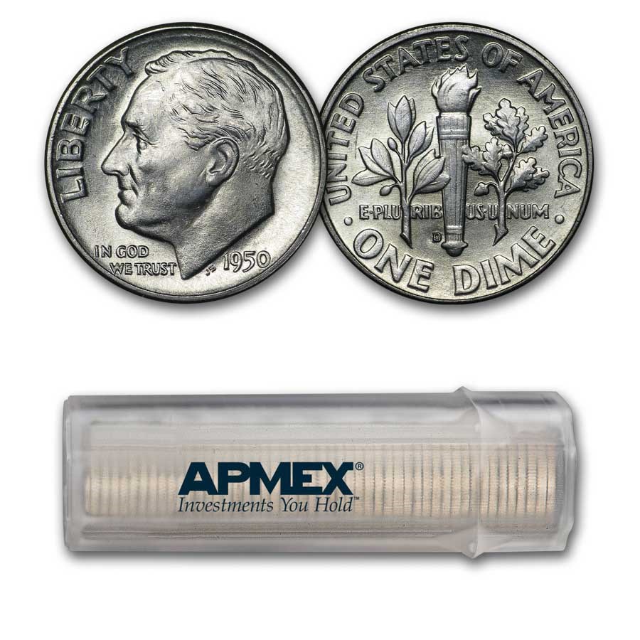 1950-D Roosevelt Dime 50-Coin Roll BU