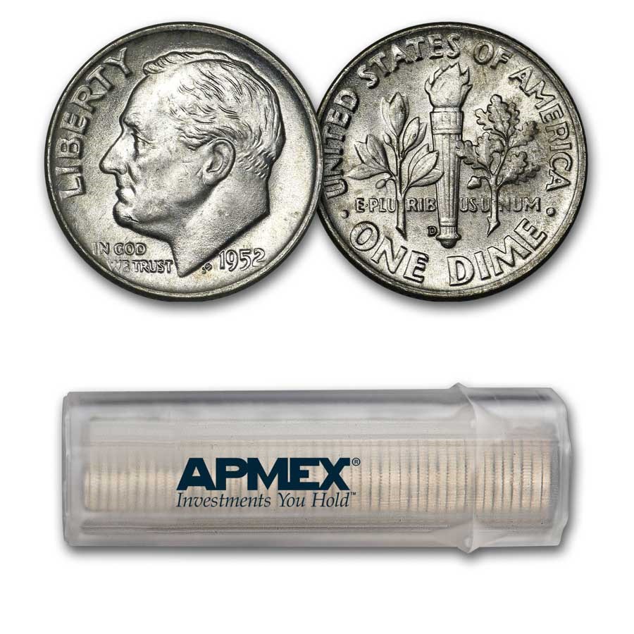 1952-D Roosevelt Dime 50-Coin Roll BU