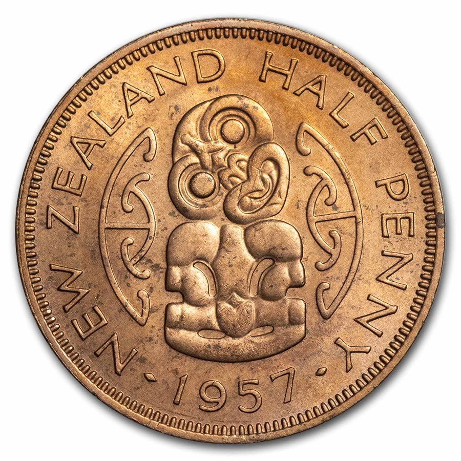 1953-1965 New Zealand 1/2 Penny Hei Tiki Elizabeth II BU (Red)