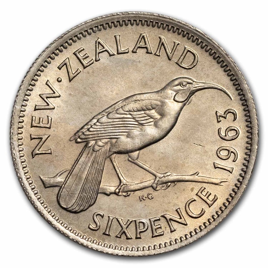 1953-1965 New Zealand Copper-Nickel 6 Pence Elizabeth II BU