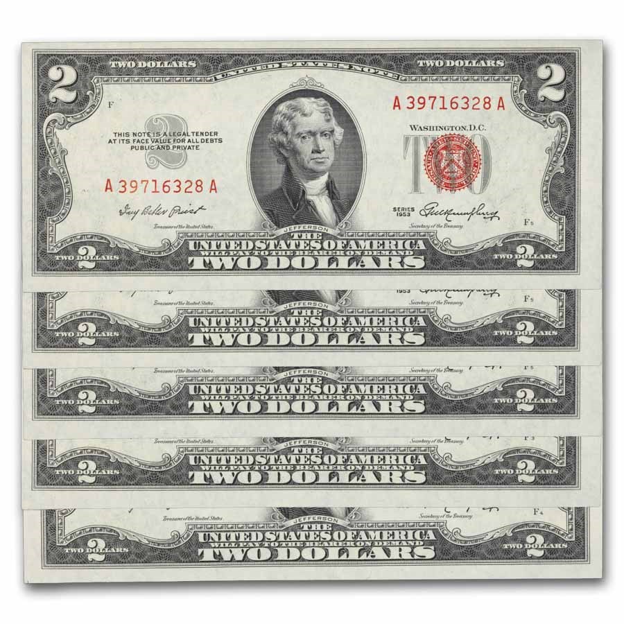 1953 $2.00 U.S. Notes Red Seal AU (Fr#1509) 10 consecutive