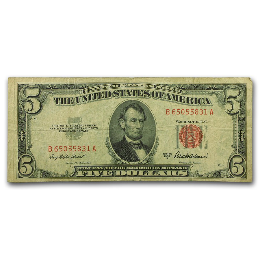 1953-A $5.00 U.S. Note Red Seal Avg Circ VG/VF (Fr#1533)