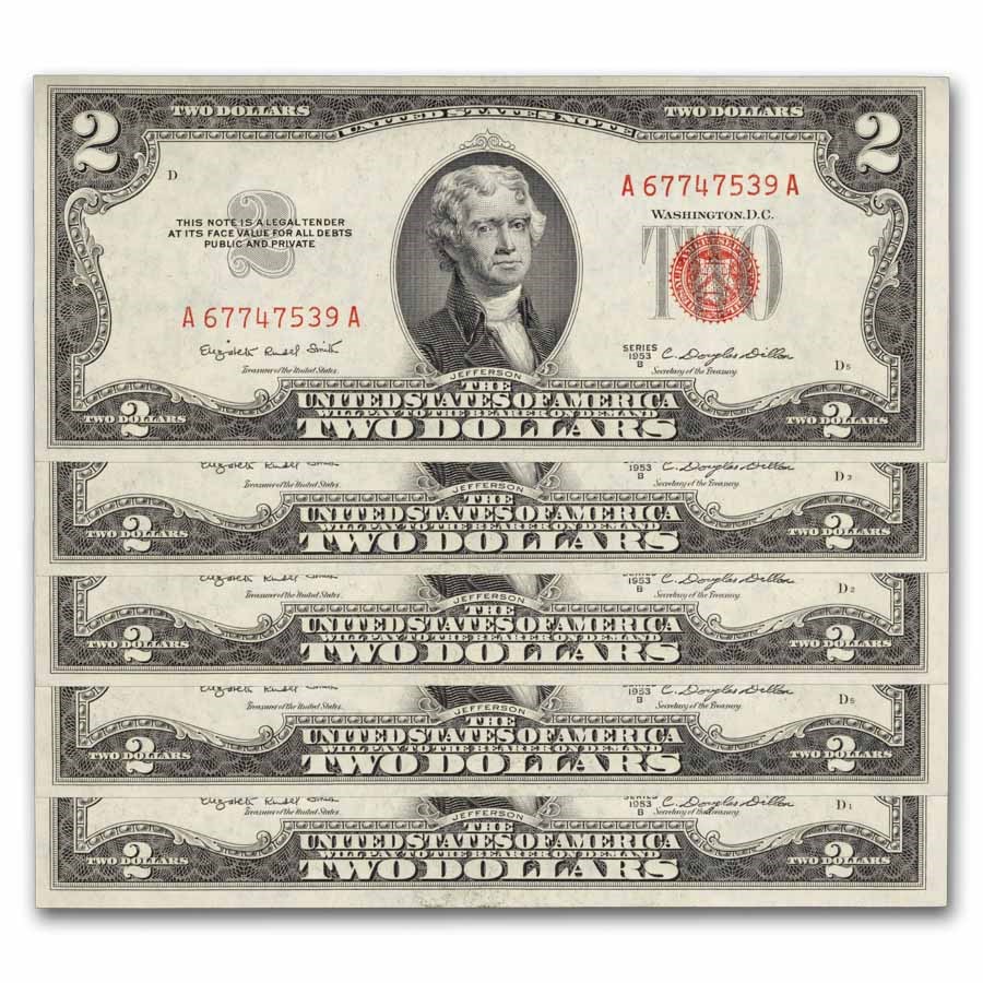 1953-B $2.00 U.S. Notes Red Seal CU (Fr#1511) 15 Consecutive