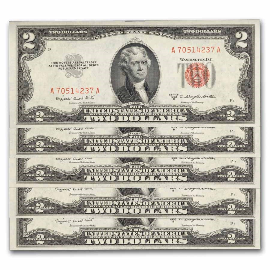 1953-B $2.00 U.S. Notes Red Seal CU (Fr#1511) 5 Consecutive