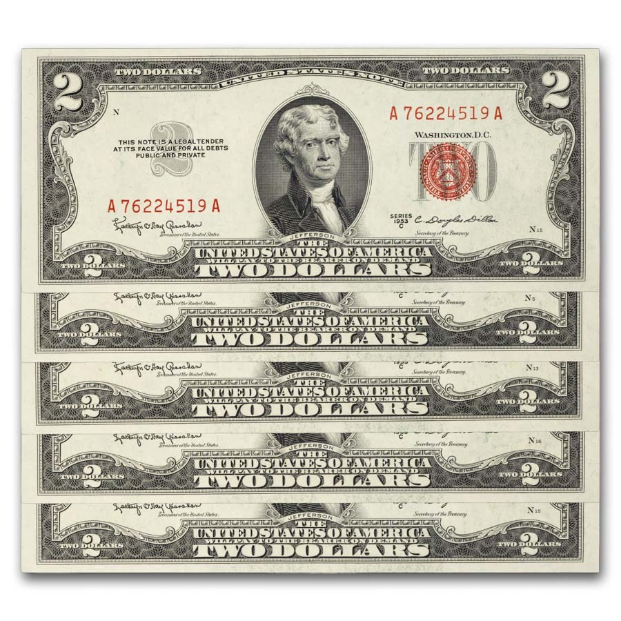 1953-C $2.00 U.S. Notes Red Seal CU (Fr#1512) 9 Consecutive