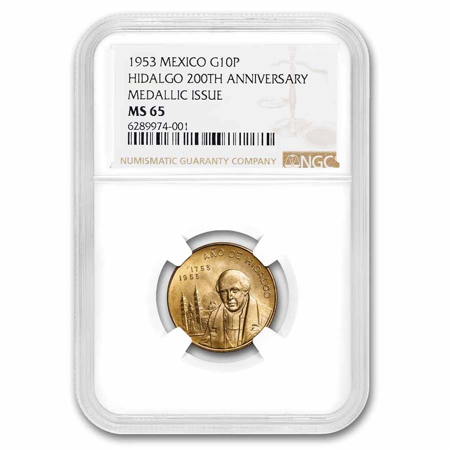 1953 Mexico Gold 10 Peso Hildalgo 200th Anniversary MS-65 NGC