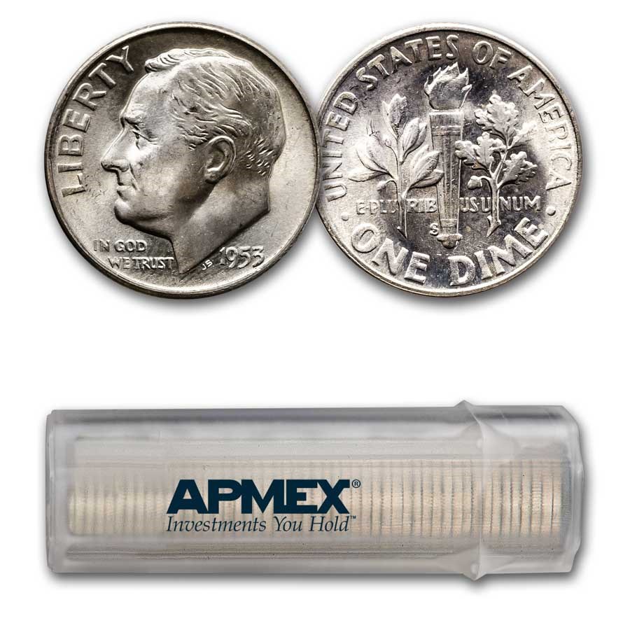 1953-S Roosevelt Dime 50-Coin Roll BU
