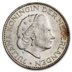 1954-1967 Netherlands Silver 1 Gulden Juliana I AU/BU