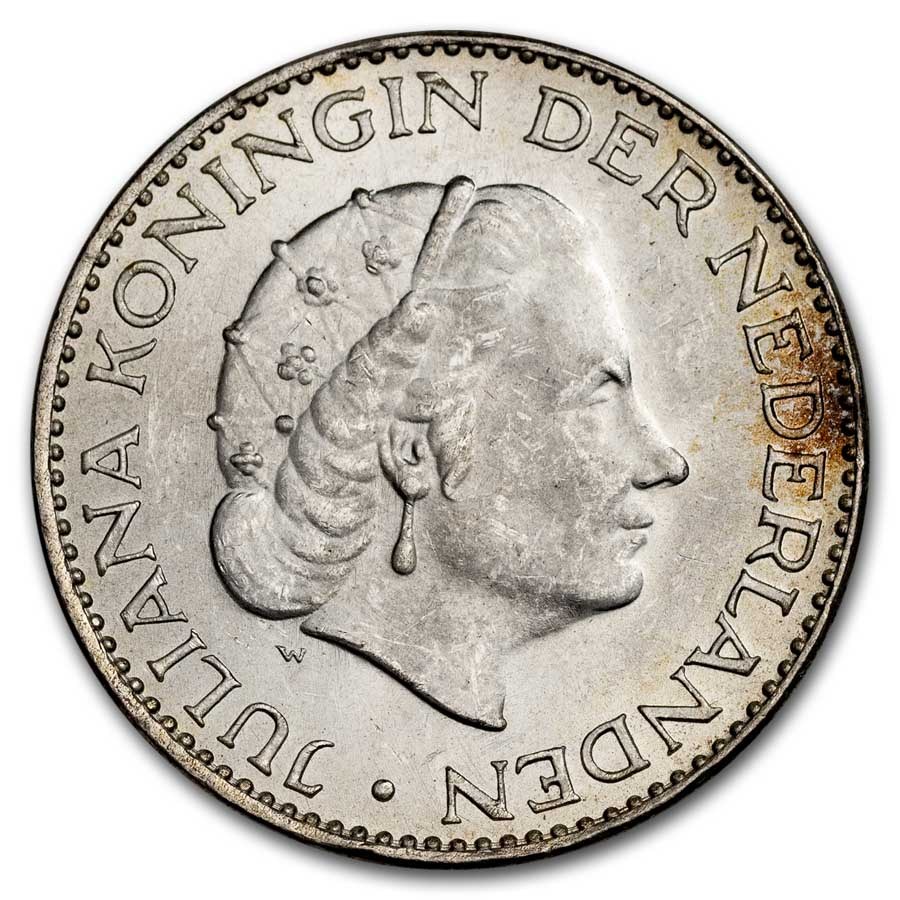 1954-1967 Netherlands Silver 1 Gulden Juliana I AU/BU