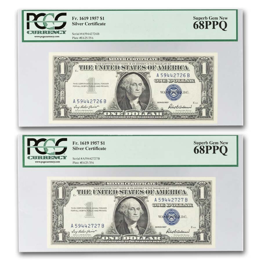 1957 $1.00 Silver Cert CU-68 PPQ PCGS (Fr#1619) 2 consecutive