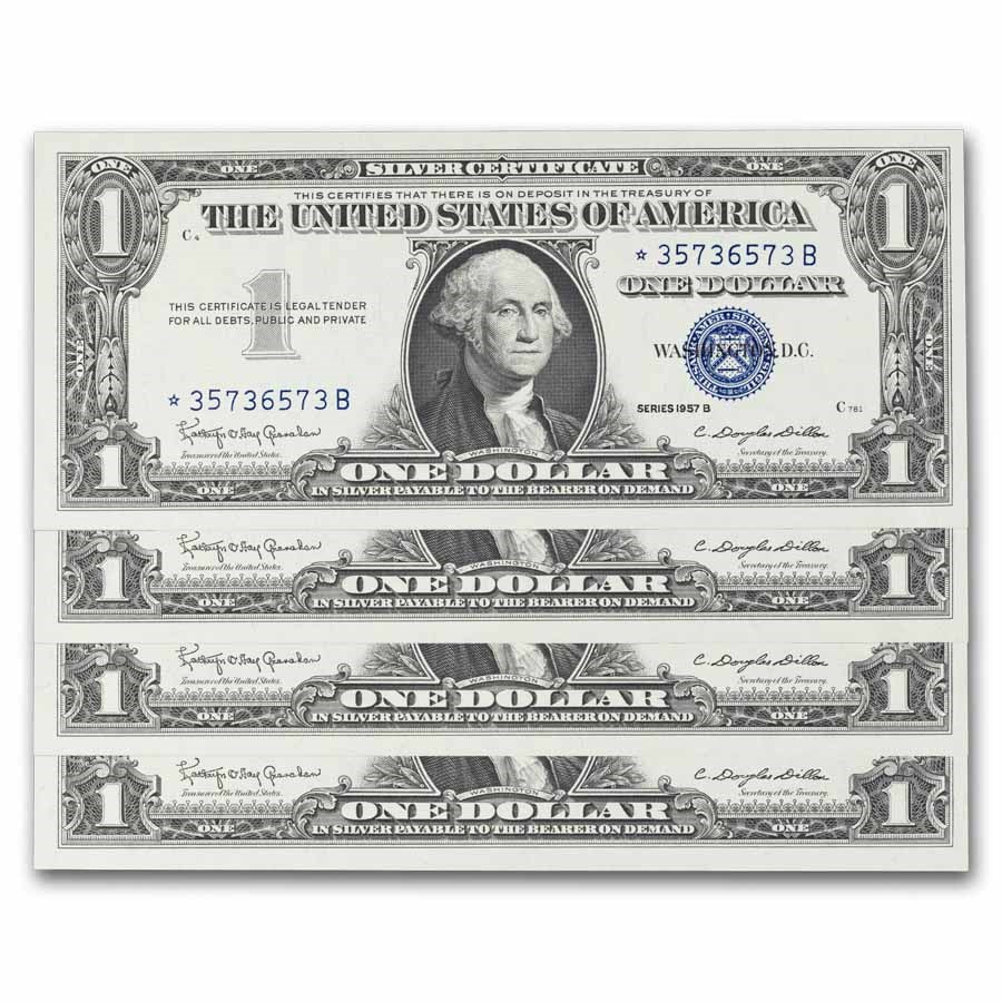1957-B* $1 Silver Cert AU (Fr#1621*) Star Notes, 4 Consecutive
