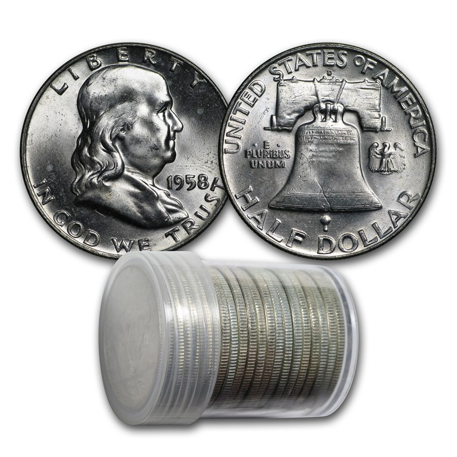 1958-D Franklin Half Dollar 20-Coin Roll BU