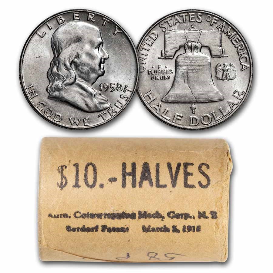 1958 Franklin Half Dollar 20-Coin Roll BU (Bank Wrapped)