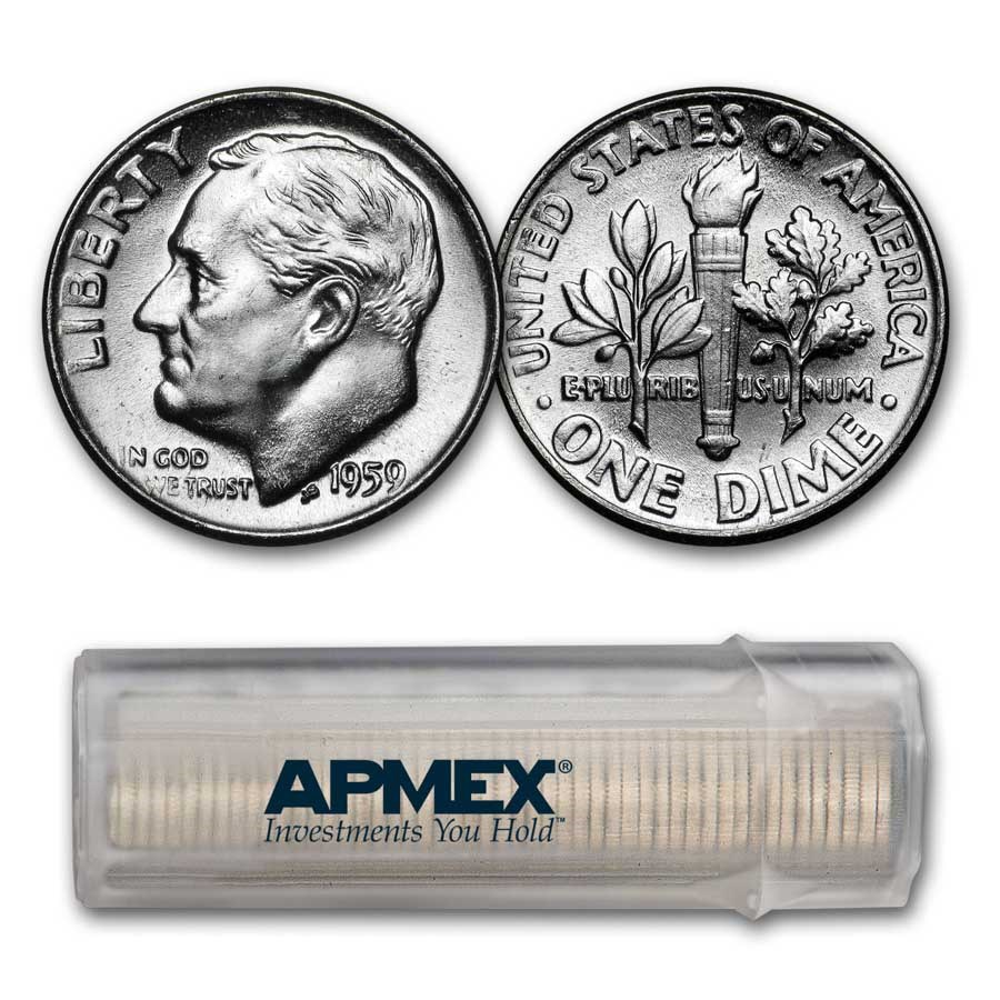 1959 Roosevelt Dime 50-Coin Roll BU