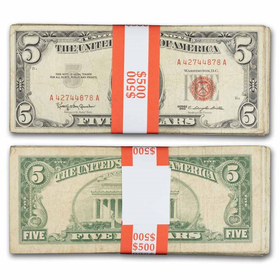 1963 $5.00 U.S. Note Red Seal VG/VF (Fr#1536) Lot of 100