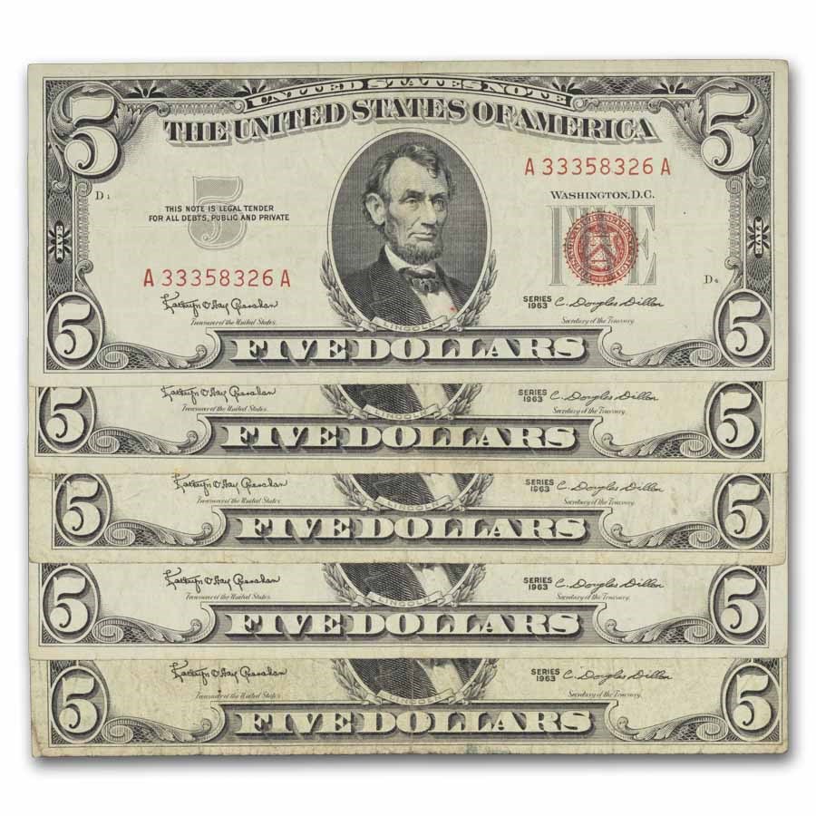 1963 $5.00 U.S. Note Red Seal VG/VF (Fr#1536) Lot of 10