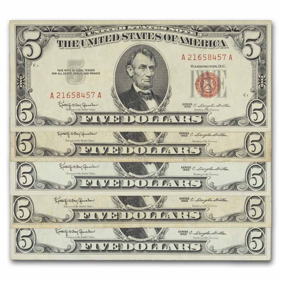 1963 $5.00 U.S. Note Red Seal VG/VF (Fr#1536) Lot of 20