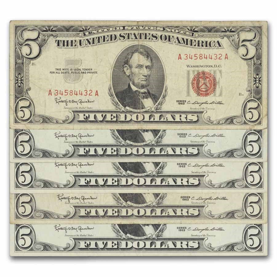 1963 $5.00 U.S. Note Red Seal VG/VF (Fr#1536) Lot of 5