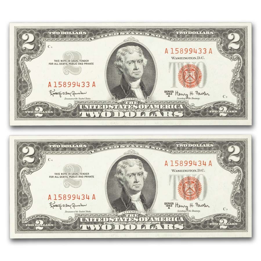 1963-A $2.00 U.S. Note Red Seal CCU (Fr#1514) 2 Consecutive