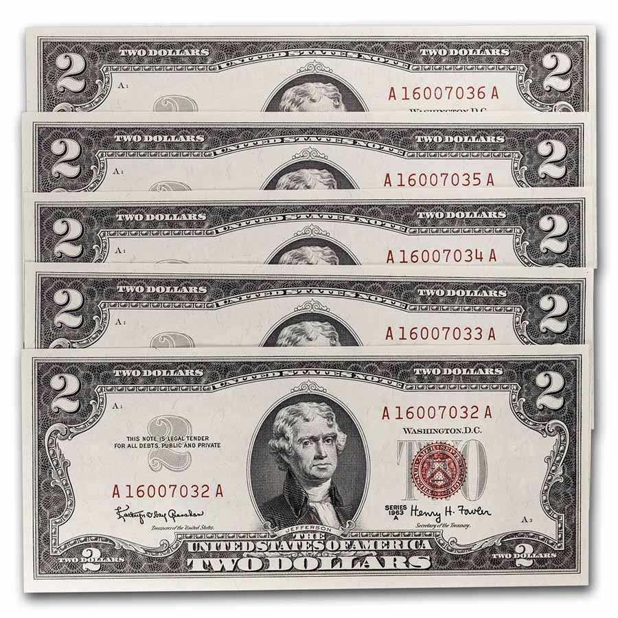 1963-A $2.00 U.S. Note Red Seal CCU (Fr#1514) 5 Consecutive