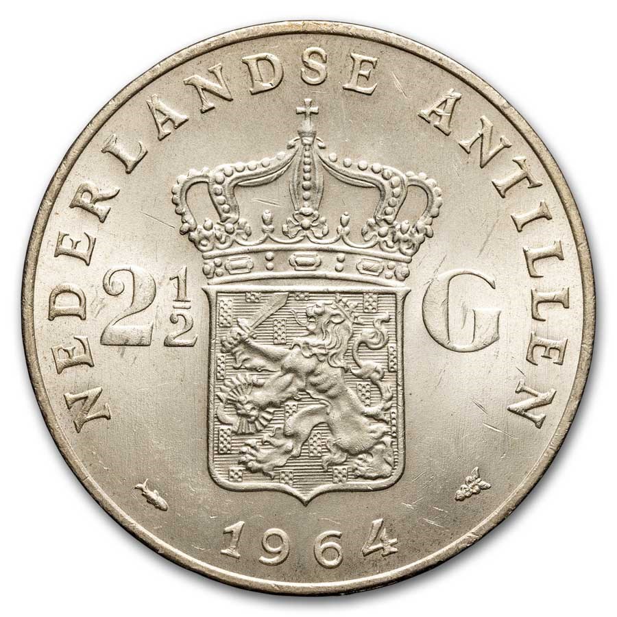 1964 Netherlands Antilles Silver 2 1/2 Gulden Juliana BU
