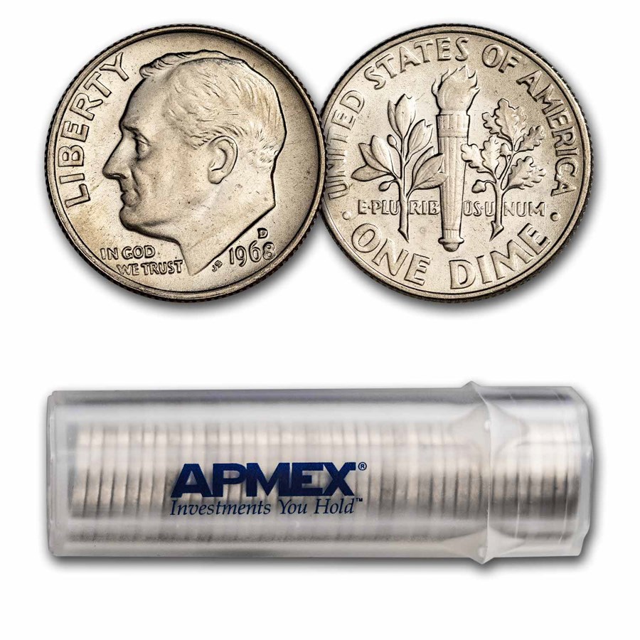 1968-D Roosevelt Dime 50-Coin Roll BU