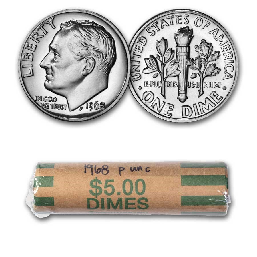 1968 Roosevelt Dime 50-Coin Roll BU