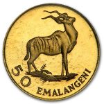 1975 Swaziland Gold 50 Emalangeni Kudu Antelope BU