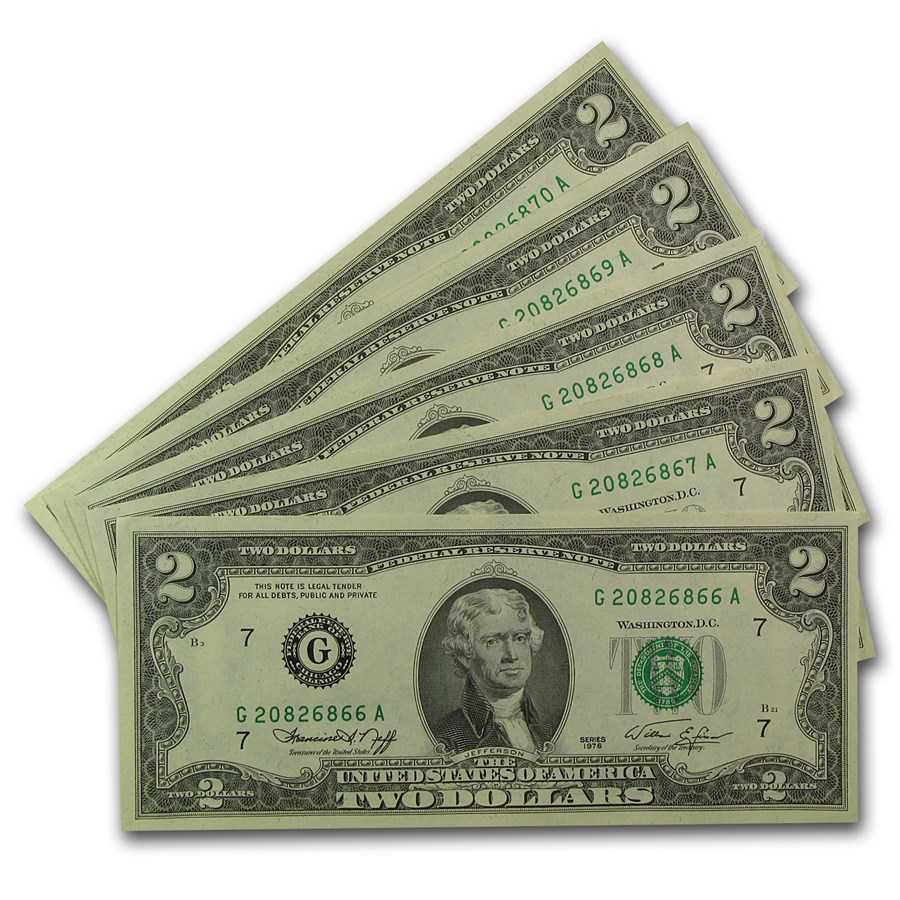 1976 (G-Chicago) $2.00 FRN CU (Fr#1935-G) 5 Consecutive